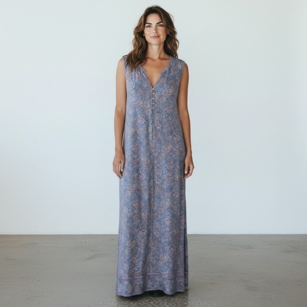 J. Jill Floral Paisley Blue White Pink Print Sleeveless Maxi Tank Dress